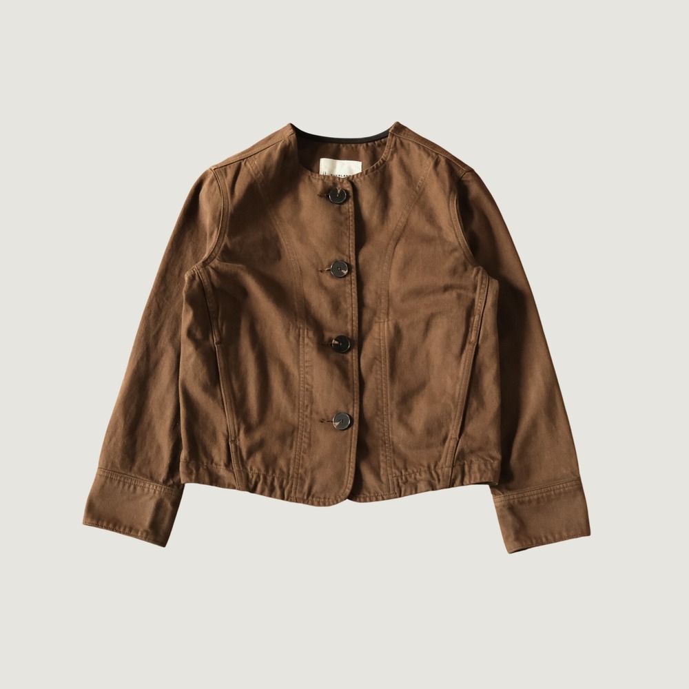 Everlane Denim Barrel Jacket Cocoa Brown Collarless Curved Silhouette XXS 3452